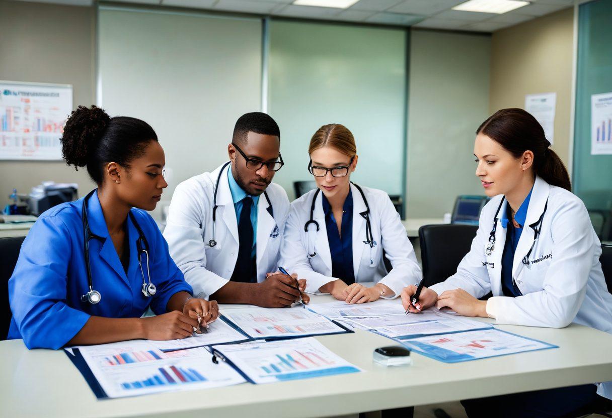 A professional healthcare billing office scene featuring a diverse group of medical billing specialists collaborating over documents, with charts and graphs showing rising revenue trends in the background. Include medical icons like stethoscopes and dollar signs subtly integrated into the workspace. Bright, engaging colors that convey a sense of success and teamwork. modern office setting. vibrant colors. super-realistic.