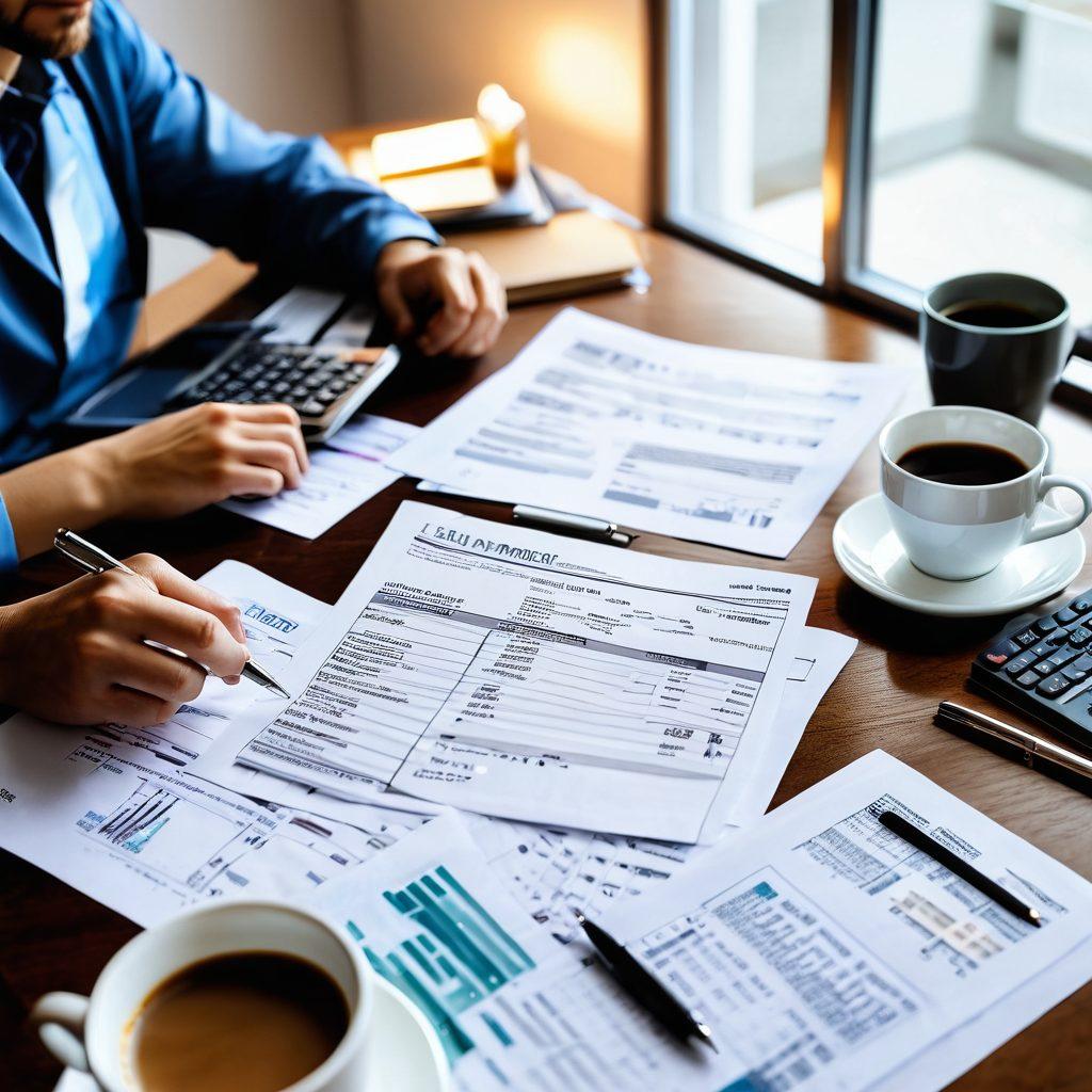A thoughtful individual reviewing medical bills and financial documents at a modern desk, surrounded by a laptop, calculator, and a cup of coffee. In the background, a subtle infographic shows healthcare statistics. Warm lighting creates a cozy atmosphere. super-realistic. vibrant colors. clean white background.