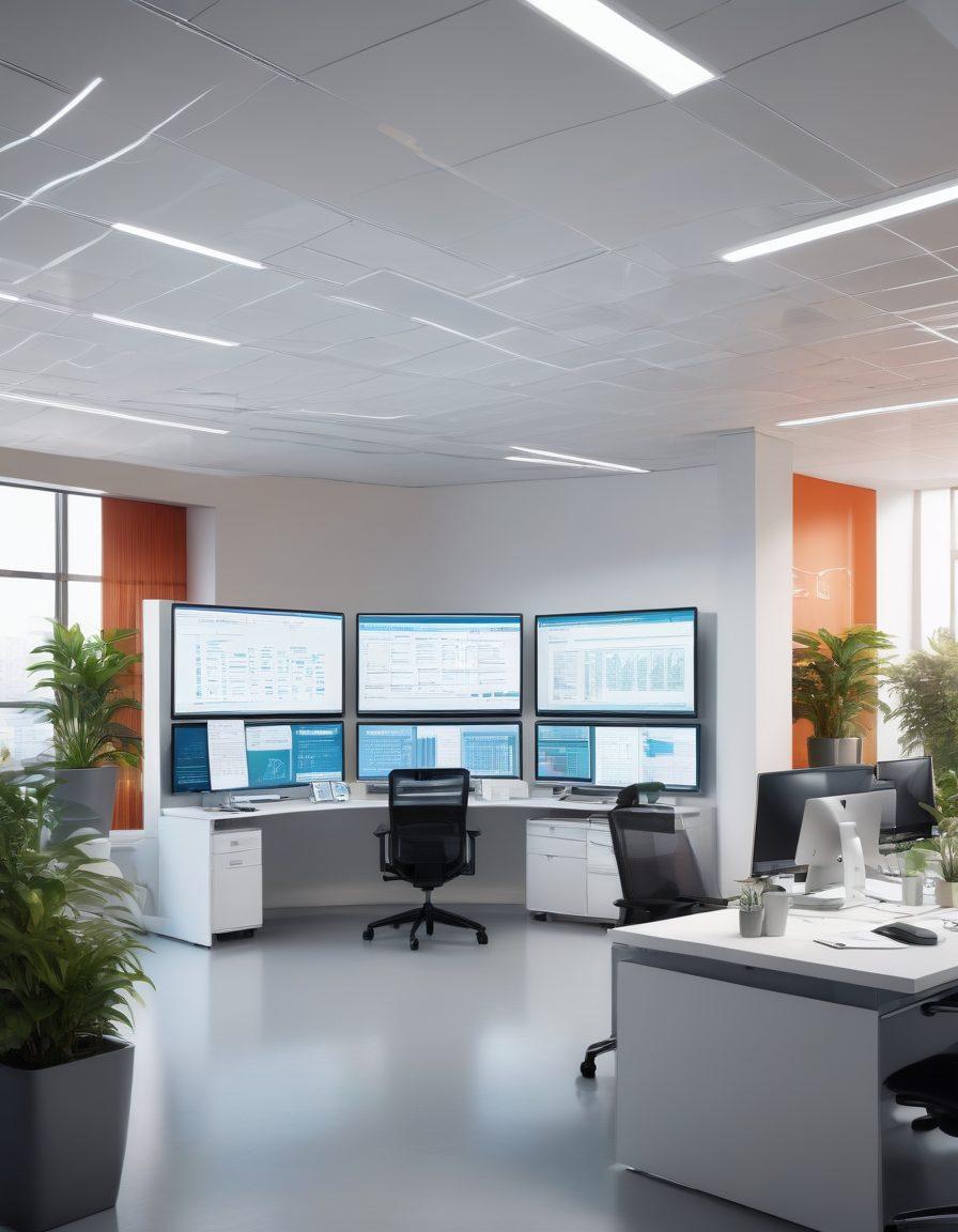A dynamic scene showing a diverse team of medical claim processors collaborating around a large digital screen displaying flowcharts and data analytics related to claims processing. In the foreground, stacks of paperwork symbolize the past, while sleek tablets and devices represent modern efficiency. The background features a bright office space filled with plants and motivational posters, conveying a sense of positivity and productivity. vibrant colors. super-realistic. bright office setting.